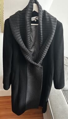 Calvin Klein Wool Blend Wrap Coat Knit Collar Black 10 Minimalist Quit Luxury